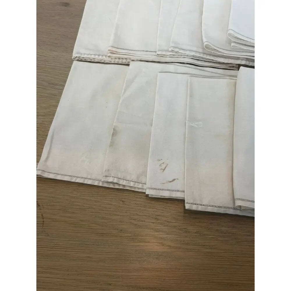 Set 12 Vintage Linen Napkins Gray Embroidered Corner Hemstitched 16
